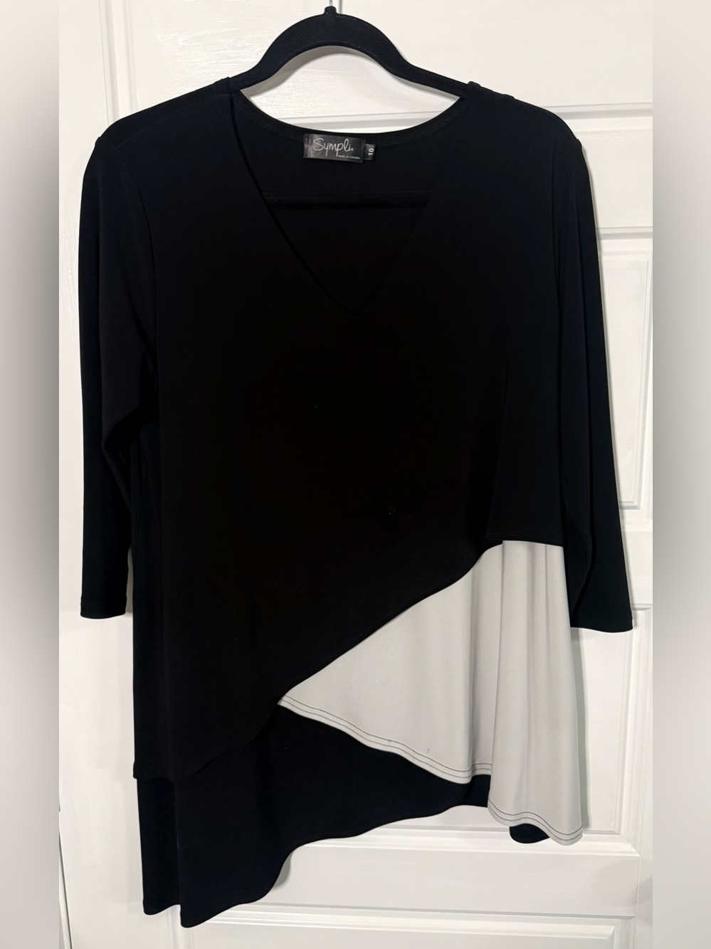 Sympli Black and Cream Asymmetrical Layered V-Neck Tunic